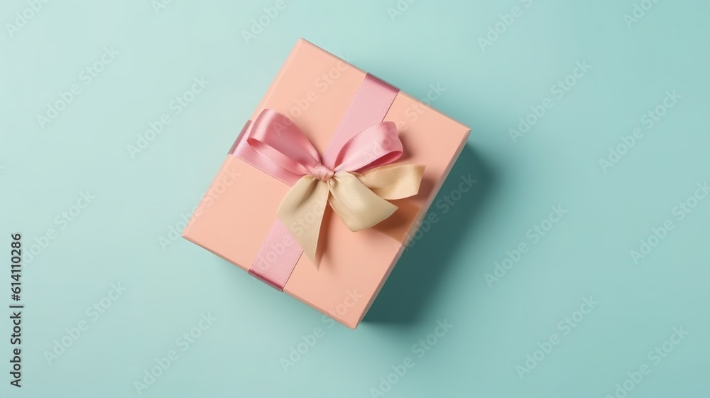 Pastel Gift Box with Ribbon, Flat Lay View. Generative AI Pastel Gift Box with Ribbon, Flat Lay View. Generative AI