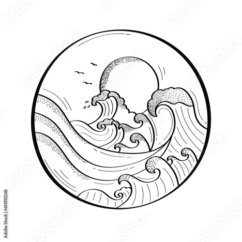 Hand Drawn Big Waves And Ocean Icon Vector Design.
