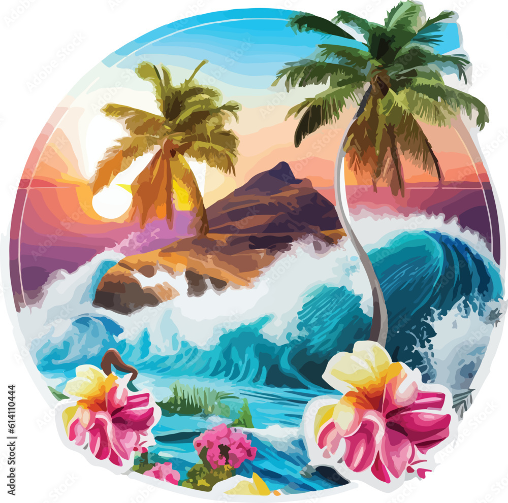 tropical art of sunset beach island design wallpaper