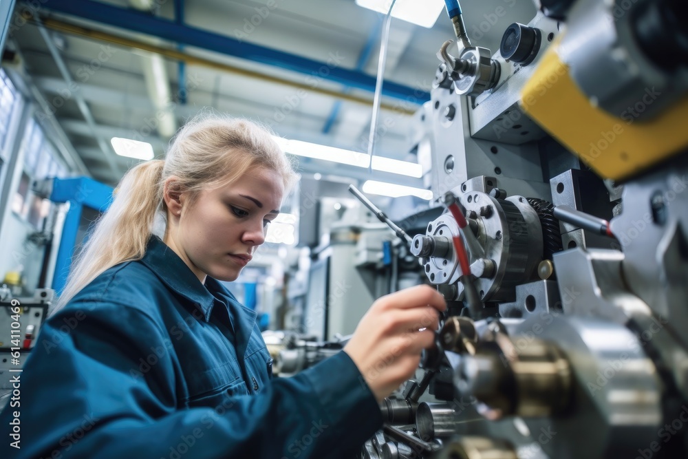 A young woman working on a production line in a bustling factory with a close - up shot of her hands assembling a product. Generative AI A young woman working on a production line in a bustling factory with a close - up shot of her hands assembling a product. Generative AI