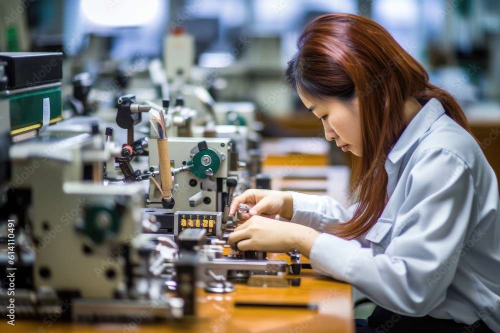 A young woman working on a production line in a bustling factory with a close - up shot of her hands assembling a product. Generative AI A young woman working on a production line in a bustling factory with a close - up shot of her hands assembling a product. Generative AI