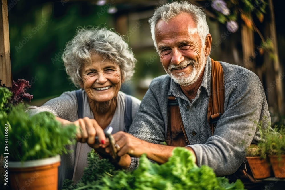 A close - up shot of a cheerful senior couple gardening in their backyard. Generative AI A close - up shot of a cheerful senior couple gardening in their backyard. Generative AI