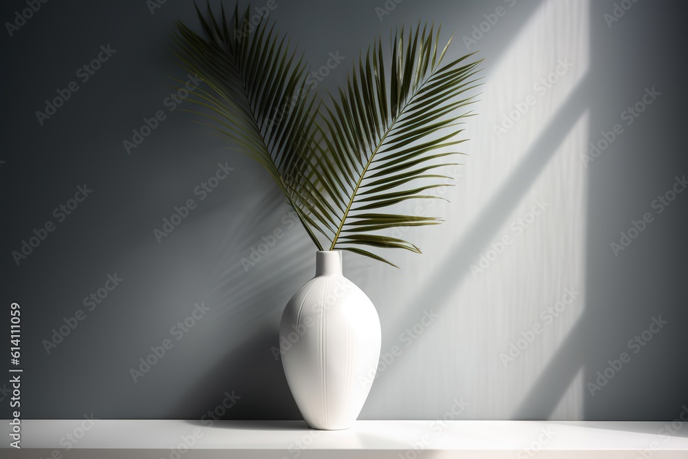 Display of Palm Leaves on Shelf. Generative AI Display of Palm Leaves on Shelf. Generative AI