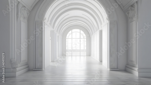 an empty room with arches and white walls Generative AI