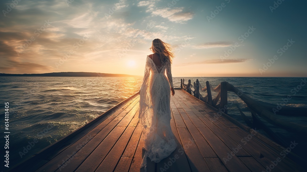 A young woman in white dress standing on the edge of the wooden pier. Generative AI