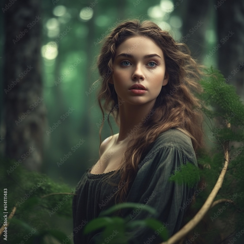 Beautiful young woman with long red hair in the forest. Beauty, fashion ...
