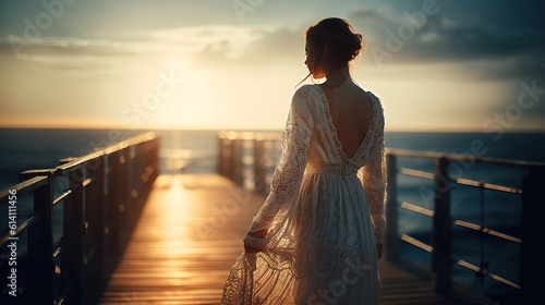 A young woman in white dress standing on the edge of the wooden pier. Generative AI