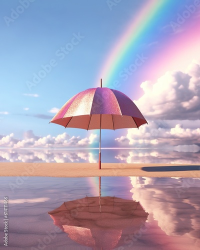 Colorful rainbow umbrella on the pastel beach. Pride summer concept.
