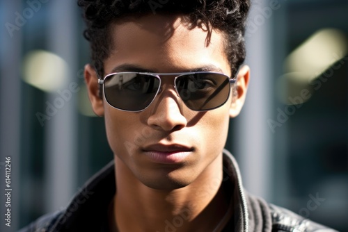 A close - up shot of a confident young man wearing stylish sunglasses. Generative AI