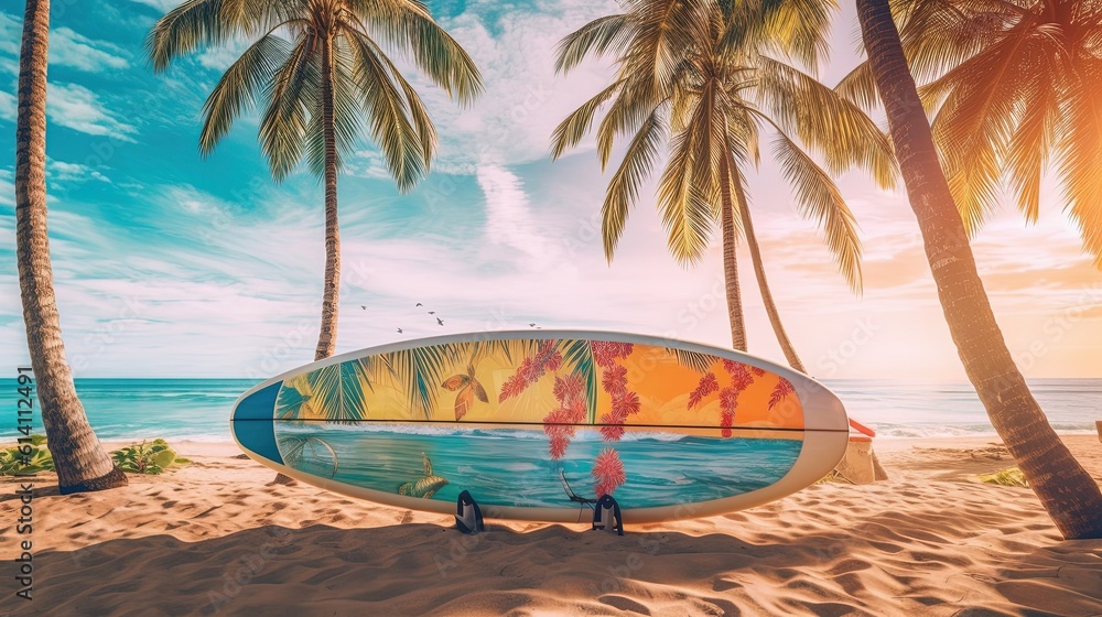 Colorful patterned surfboard and palm tree on tropical beach background