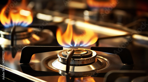 Close up of burning gas stove, Generative AI