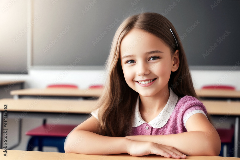 Portrait of a smiling girl schoolgirl in the classroom against the background of other students. Generative AI Portrait of a smiling girl schoolgirl in the classroom against the background of other students. Generative AI