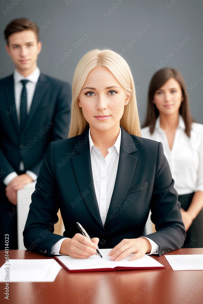 People businessmen and businesswomen at a conference in a large office. Generative AI People businessmen and businesswomen at a conference in a large office. Generative AI