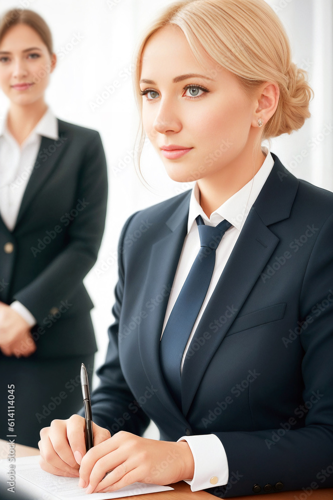 People businessmen and businesswomen at a conference in a large office. Generative AI People businessmen and businesswomen at a conference in a large office. Generative AI