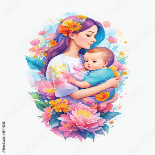 Watercolor Art Design Portraying Mother's Joyful Expression with Baby