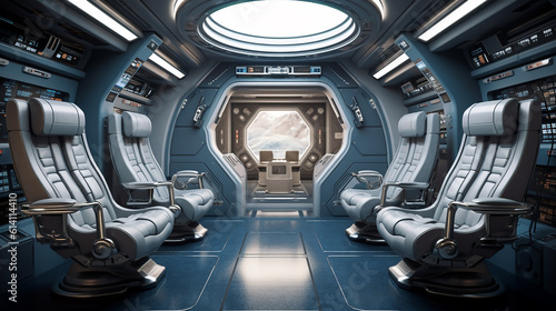 Foto Futuristic interior of spaceship in space empty deck with big comfortable chairs
