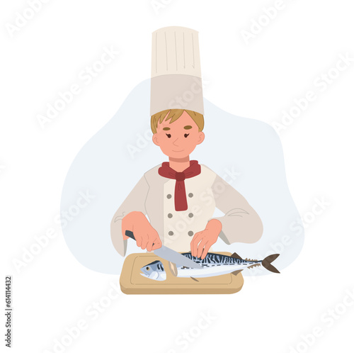 Professional female chef cutting fresh japanese mackerel fish on wooden cutting board. Saba. Flat vector cartoon illustration