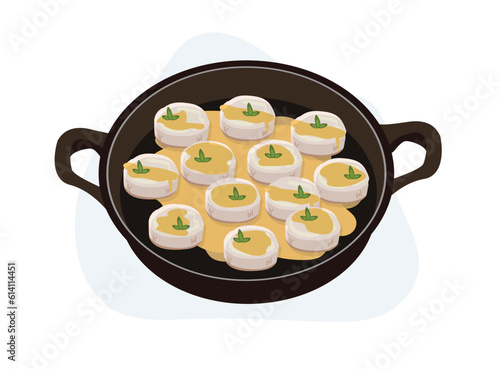 Fried scallops with butter sauce in a pan. seared sea scallops. cartoon vector illustration