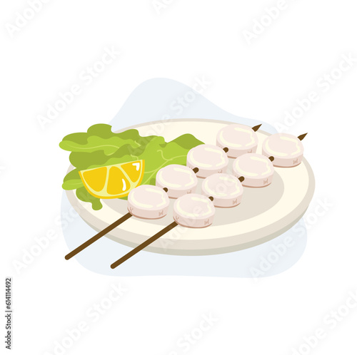 grilled scallop skewers, scallop seafood skewers. grilled scallop without shells. seafood. vector cartoon illustration