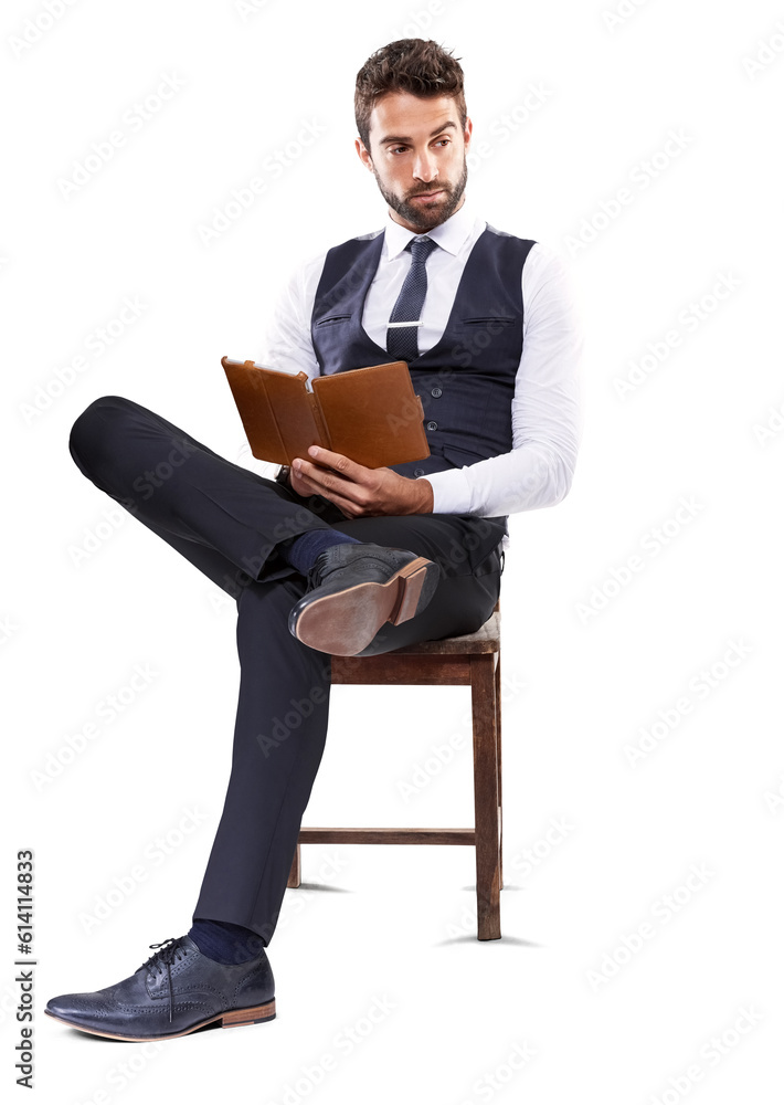 Thinking, serious and a businessman reading a book for law career, legal research and information. Ideas, stylish and a professional lawyer with a notebook isolated on a transparent png background Thinking, serious and a businessman reading a book for law career, legal research and information. Ideas, stylish and a professional lawyer with a notebook isolated on a transparent png background
