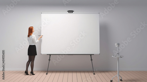 Lady with orange hair shows item on an empty white board, AI generated, KI Image, Business slide deck, presentation, poster, whiteboard