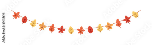 Autumn leaves garland in orange and red colors for Fall and Thanksgiving season. Vector isolated on white background.