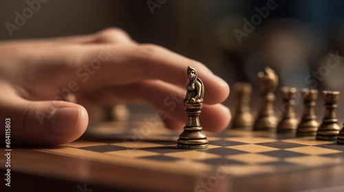 Fotografiet Hand holds chess figure on the chess board prepares to make a move thinking conc