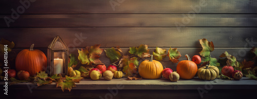 Thanksgiving theme - Pumpkins and maple leaves on rustic table