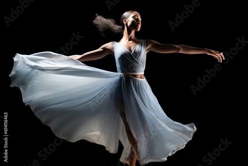 A close - up shot of a dancer in mid - air, frozen in a graceful pose. Generative AI