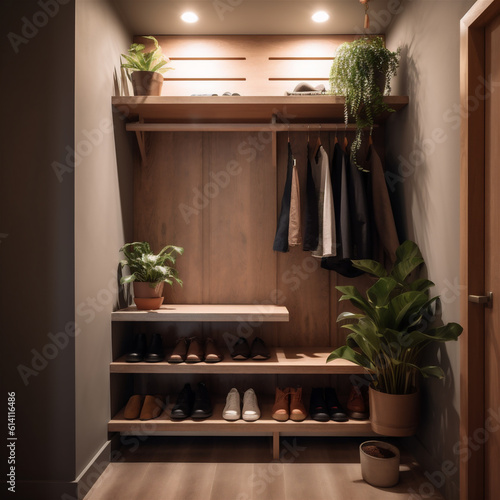 Close up corner of home interior, entry shoe cabinet and wardrobe
