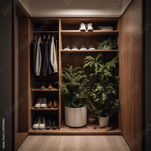 Close up corner of home interior, entry shoe cabinet and wardrobe © lichaoshu