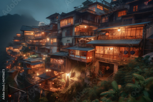 Scenery of wooden village stockade in the evening