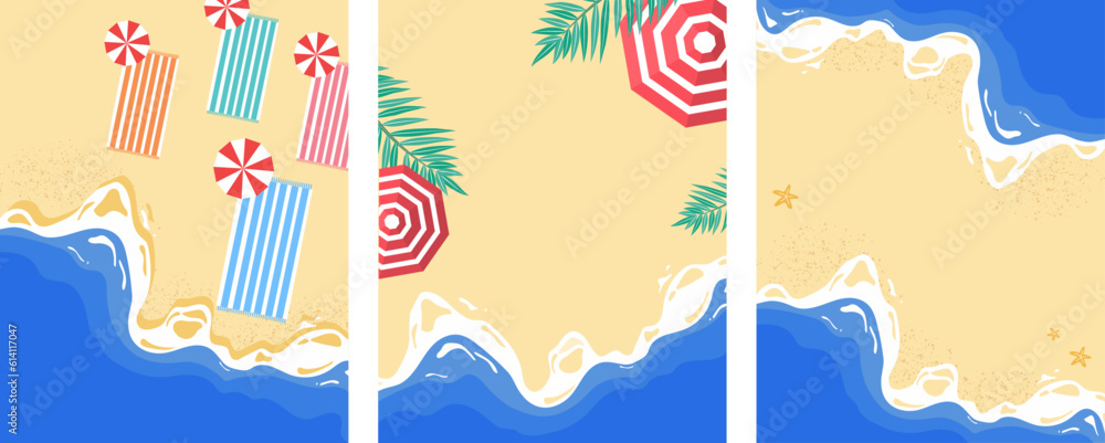 Summer background, Three set of vector illustrations on the beach hand drawings for a poster, banner and card