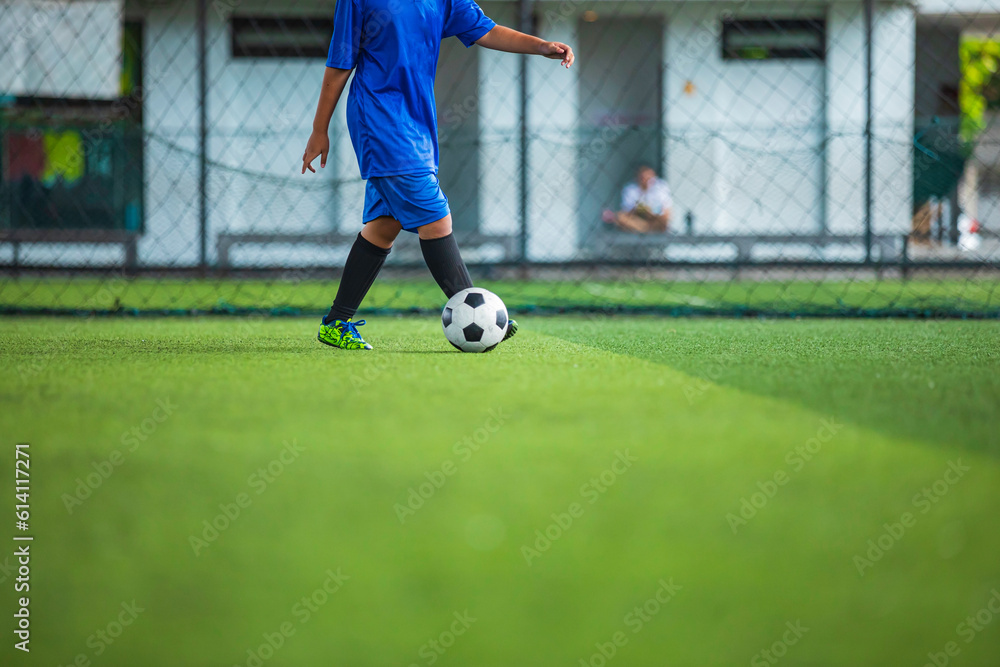 Obraz premium Soccer ball tactics children control the ball on a grass field for the training