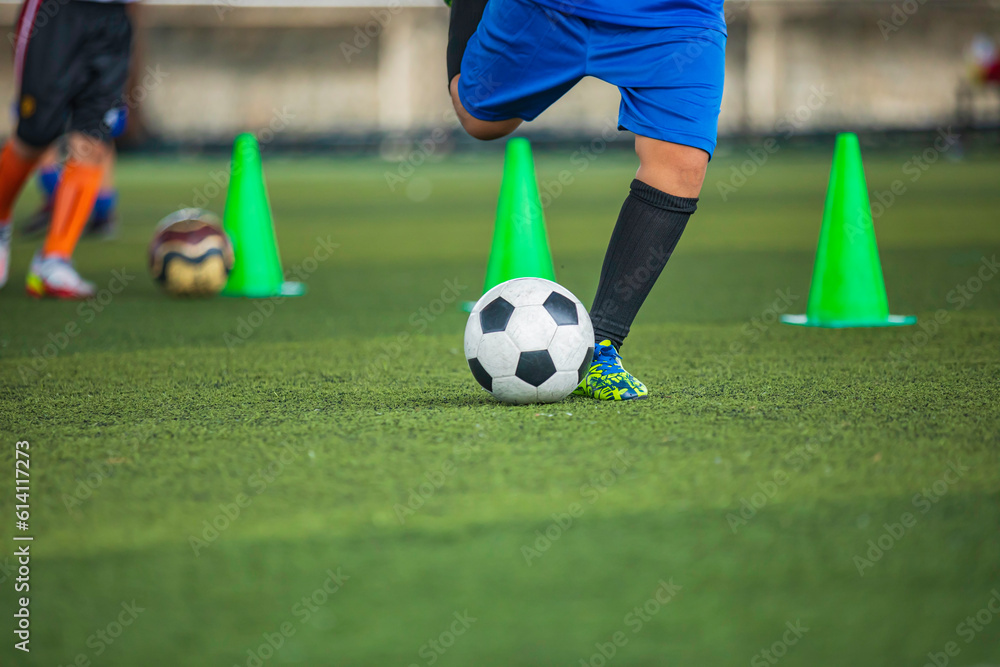 Soccer ball tactics children kick to control the ball on a grass field for the training Soccer ball tactics children kick to control the ball on a grass field for the training