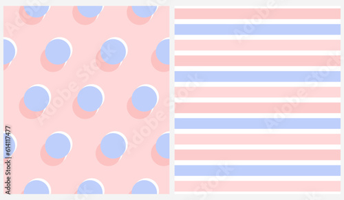 Simple Geometric Seamless Vector Patterns in Danish Pastel Colors. Baby Blue Polka Dots Isolated on a Light Pink Background. Blue and Blush Pink Stripes on a White.Delicate Dotted and Striped Pattern.
