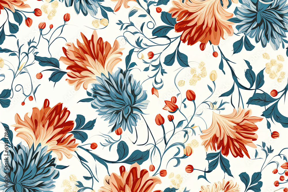 Pattern of leaves and blooming flowers. Deep red and blue colors on white background. Generative AI