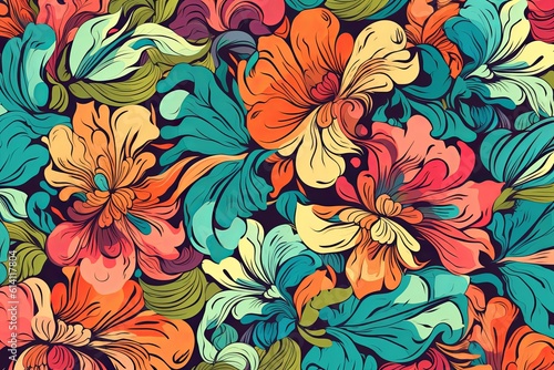 Pattern of leaves and blooming flowers. Deep colors. Generative AI