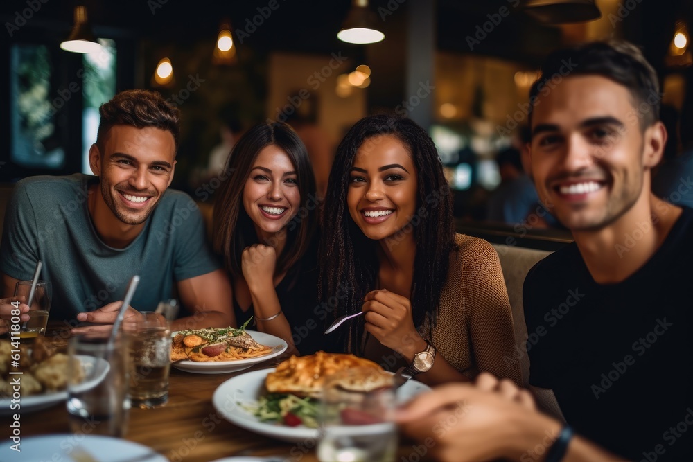 A close-up shot of a group of friends having fun together while dining at the venue. Generative AI