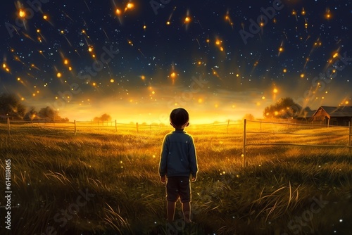 A child looking at a field of fireflies. generative AI