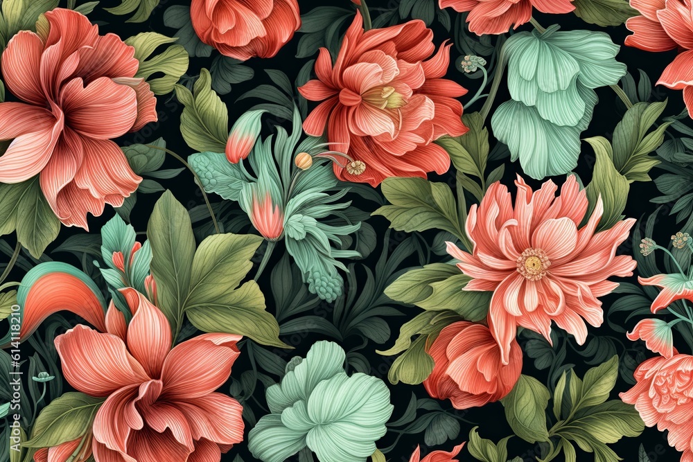 Pattern of leaves and blooming flowers. Deep red and green colors on dark background. Generative AI Pattern of leaves and blooming flowers. Deep red and green colors on dark background. Generative AI