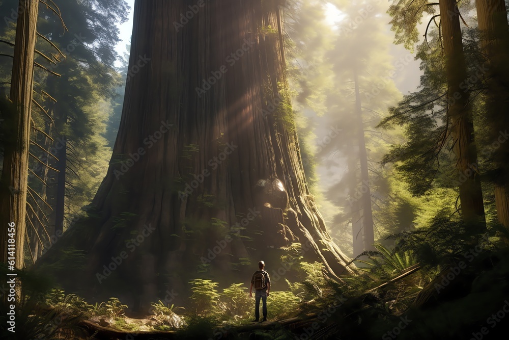 A climber standing at the base of a giant redwood. generative AI