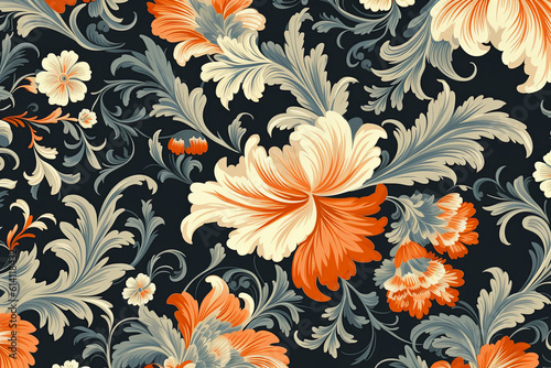 Abstract floral pattern. Blooming flowers on dark background. Deep colors. Generative AI