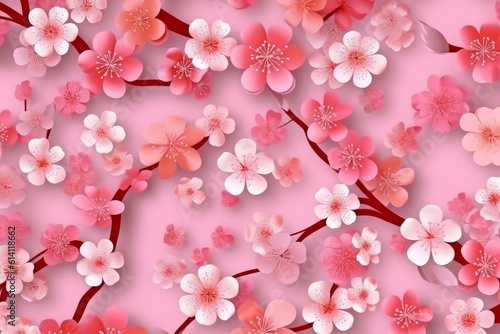 Pattern of leaves and blooming pink flowers. Pastel colors on light background. Japanese style. Generative AI
