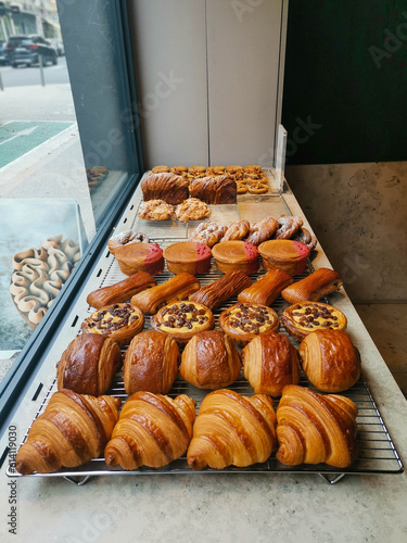 Fresh and beautiful french pastries in a bakery showcase