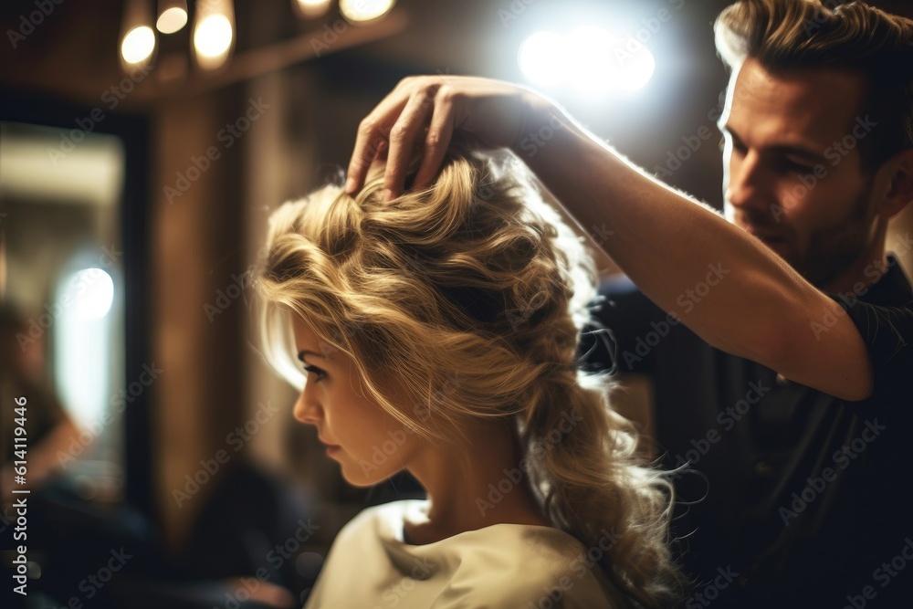 Fototapeta premium A close - up shot of a fashionable male hair stylist shaping a woman's hair in a luxurious women's salon. Generative AI