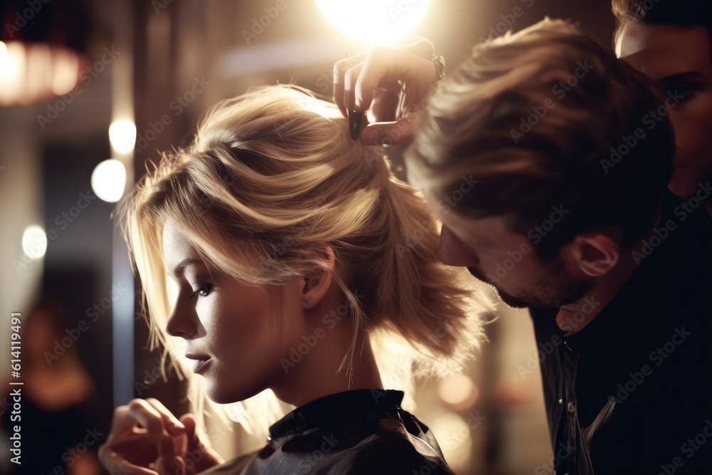 A close - up shot of a fashionable male hair stylist shaping a woman's hair in a luxurious women's salon. Generative AI A close - up shot of a fashionable male hair stylist shaping a woman's hair in a luxurious women's salon. Generative AI