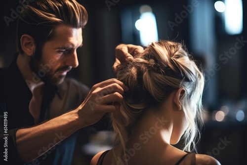 A close - up shot of a fashionable male hair stylist shaping a woman's hair in a luxurious women's salon. Generative AI
