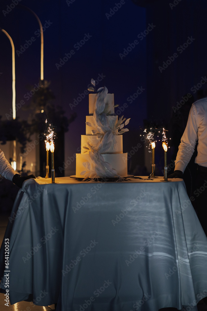 Waiters bear four tier wedding cake with a fountains on the cake. Beautiful wedding cake with white decorations. Sweet white cheesecake torte.