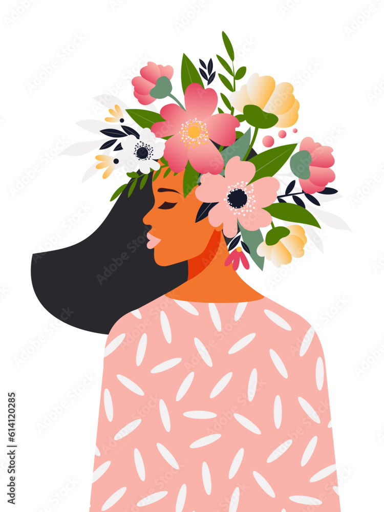 The concept of a free and positive mind, a flowering brain. Portrait of a beautiful woman with flowers on her head on a white background for spring cards. Women's Day. Vector.